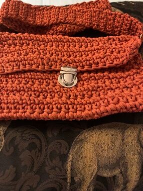 Burnt orange crocheted handmade clutch handbag with straps, New